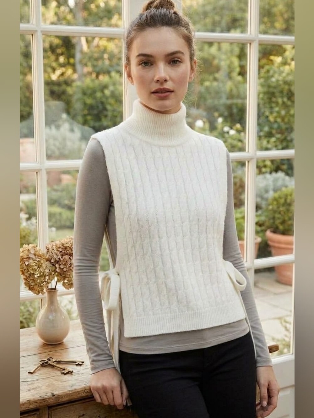 Zara Cream Cable Knit Sleeveless Turtleneck Vest with Side Ties